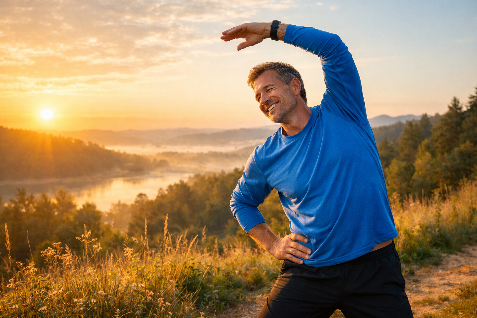 healthy middle-aged person doing morning stretching exercises outdoors in nature, sunrise light, energetic and positive lifestyle scene