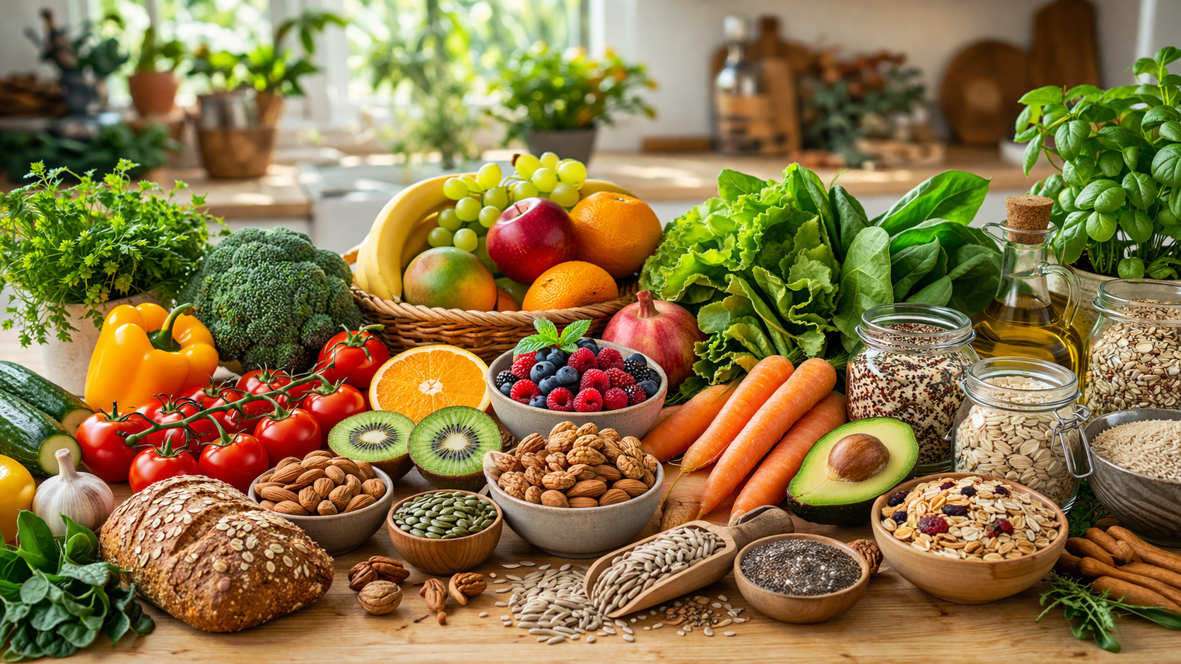 fresh colorful vegetables and fruits arranged on kitchen counter, natural light, healthy eating concept with nuts seeds and whole grains